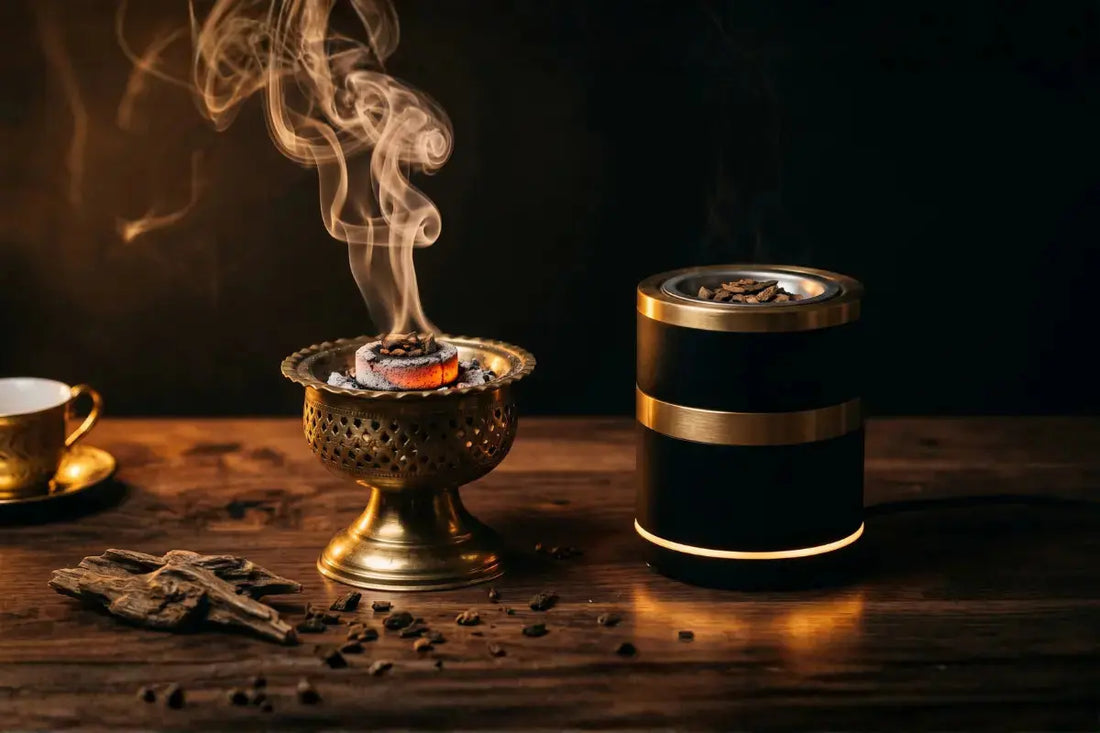 Coal incense burner next to electric bakhoor burner.